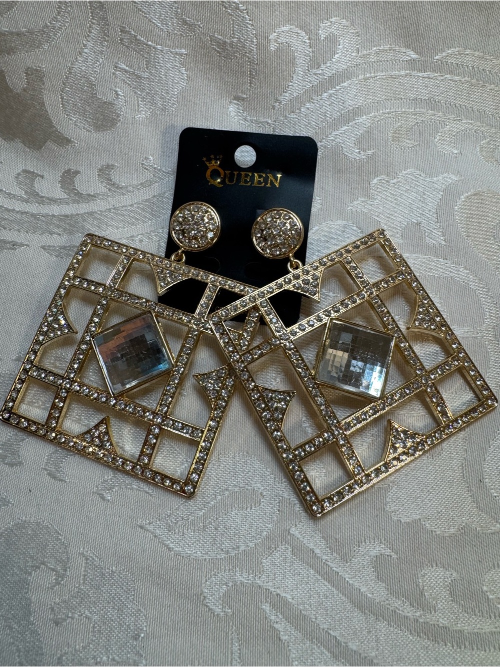 New Queen Gold Tone Crystal Geometric Drop Earrings